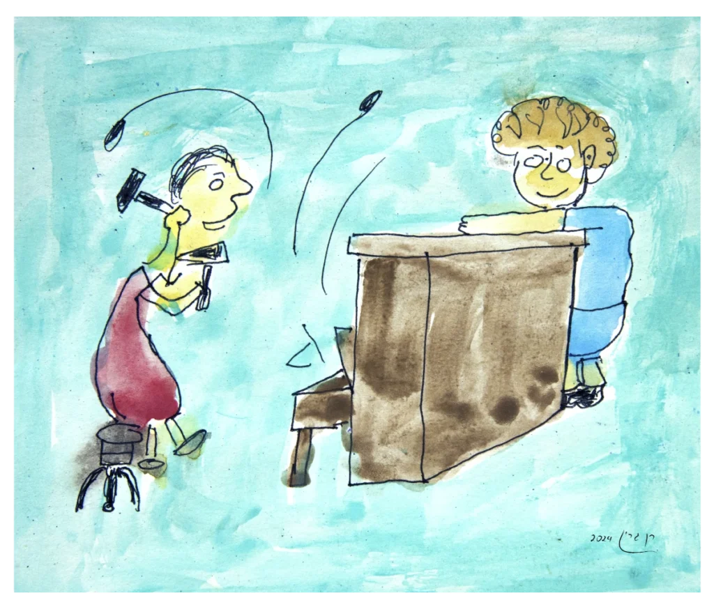 ציור אקוורל קפריזי של שתי נשים, האחת מנגנת בפסנתר ומחייכת, והשנייה שרה למיקרופון בעודה עומדת על שרפרף קטן, שתיהן עם תווי פנים מוגזמים והבעות שובבות. הרקע בצבע טורקיז.